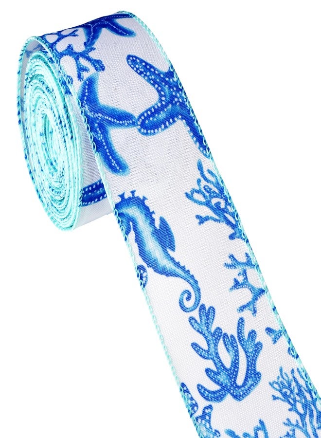 Meseey 10 Yards Spring Summer Ribbon Wired 2.5 Inch Sea Ocean Starfish Coral Beach Marine Ribbon for Party Gift Wrapping Outdoor Hanging Party Decoration Supplies (Blue Ribbon) - Image 1